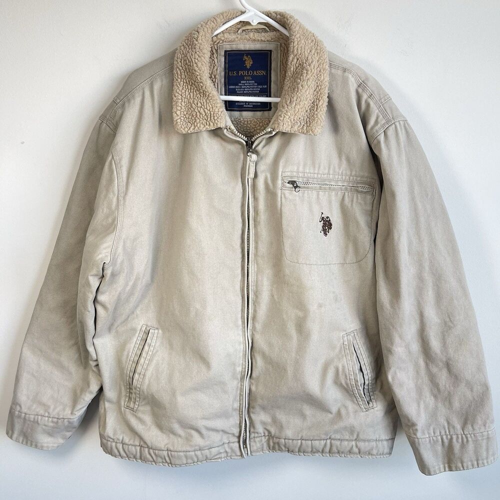 US Polo Assn Men XXL Canvas Sherpa Lined Bomber Work Jacket Barn Chore Tan Field